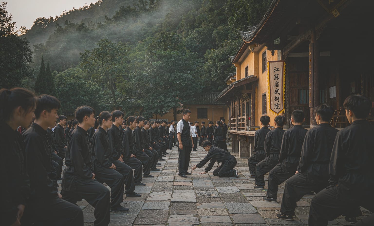 Alunos treinando posturas de Kung Fu no pátio de uma escola tradicional ao amanhecer